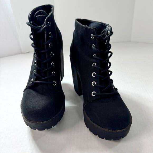 Canvas Chunky Platform Block Heel Combat Boots Divided 7 Grunge Indie Goth Bratz - Picture 4 of 8